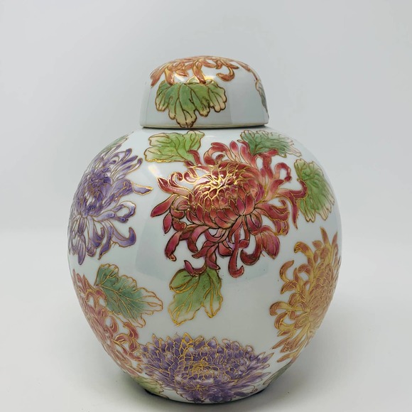 Vintage Hand Painted Lidded Chinese Ginger Jar Urn Floral Design 9" - Picture 3 of 9
